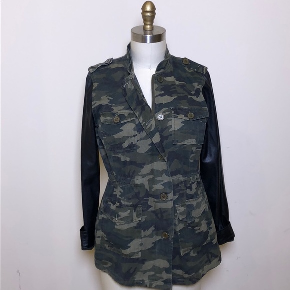 Camo Button Down Jacket with Faux Leather Sleeves - Picture 2 of 3